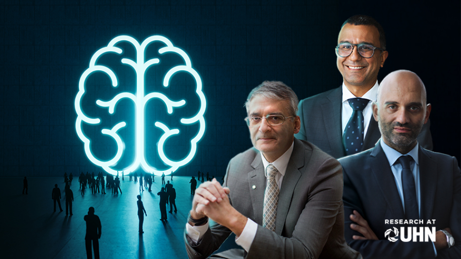 Neon brain on dark background with three men collage to the right